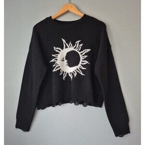 No Boundaries Black Long Sleeve Sun Moon Raw Hem Celestial Sweater Womens XL